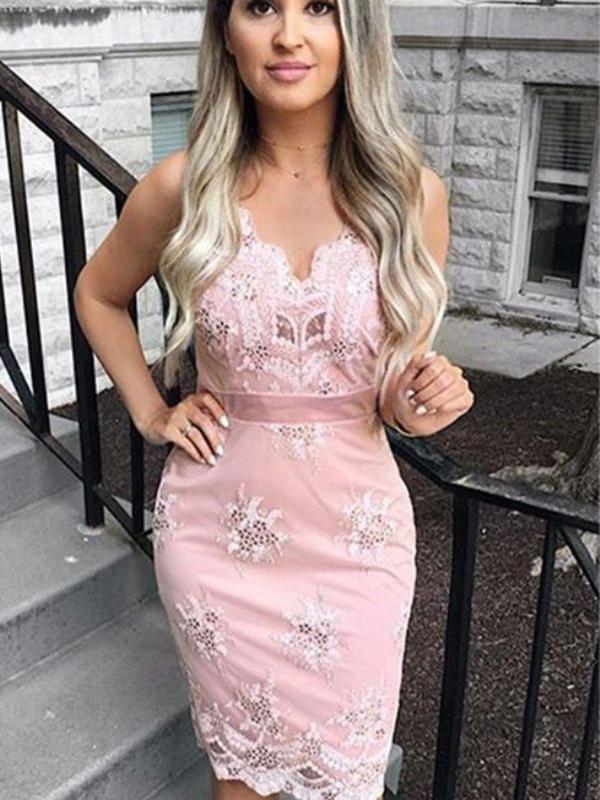 Charming V-neck Pink Lace Cheap Short Homecoming Dresses, HDS0008