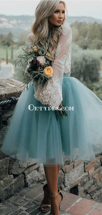 New Arrival Boho Style Long Sleeve See Through Lace Top Blue Tulle Homecoming Dresses, TYP0513