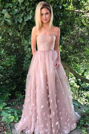 Charming Pink Strapless Tulle Long Cheap Prom Dresses With Applique, TYP1428