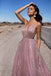 Sparkly Sexy Deep V-neck A-line Spaghetti Strap Pink Sequin Long Cheap Backless Prom Dresses, TYP2087