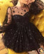 A-Line Crew Long Sleeves Short Black Homecoming Dresses with Beading, TYP1968
