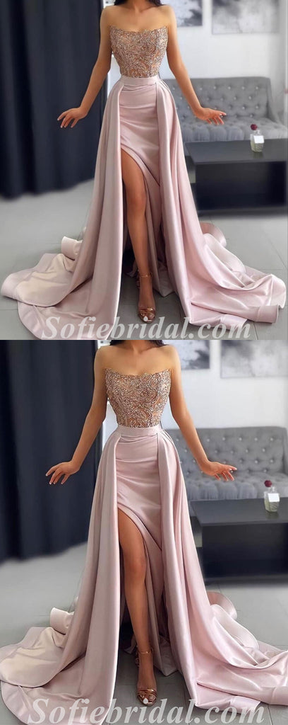 Sexy Satin Sweetheart Sleeveless Side Slit A-Line Long Prom Dresses,PDS0586