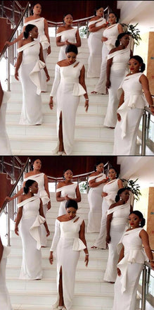 Elegant White Satin One Shoulder Floor Length Mermaid Bridesmaid Dresses, BDS0194