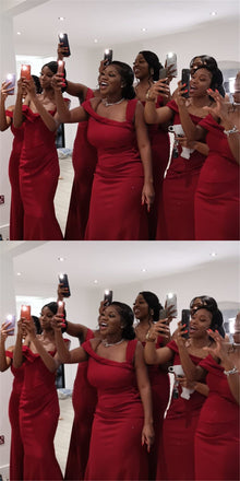 Elegant Red One Shoulder Floor Length Mermaid Bridesmaid Dresses, BDS0197