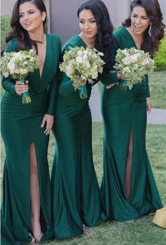 Unique Long Sleeves Sexy V Neck Mermaid Teal Green Cheap Long Bridesmaid Dresses, BDS0192