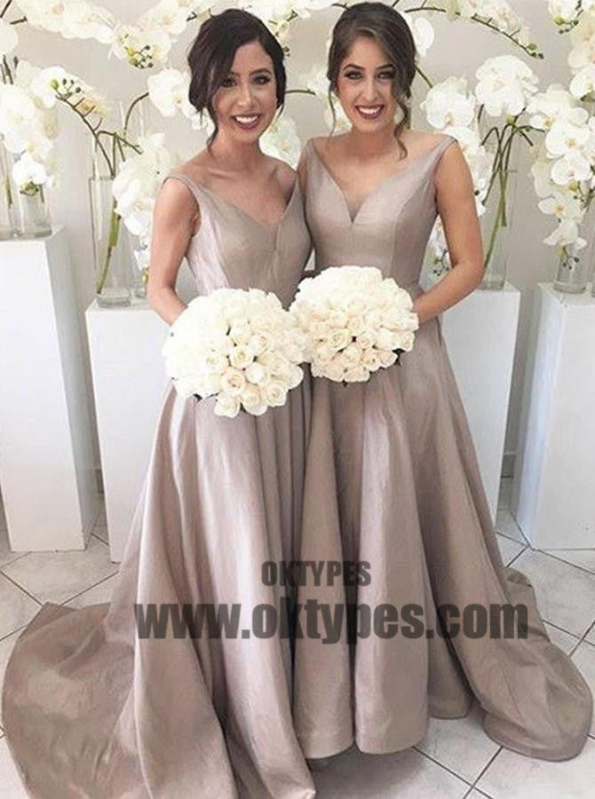 Elegant A-line Bridesmaid Dresses, Satin Long Bridesmaid Dresses, V-neck Bridesmaid Dresses,TYP0438