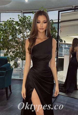 Sexy Black Satin Strapless Side Slit Mermaid Long Prom Dresses With Trailing, PDS0872