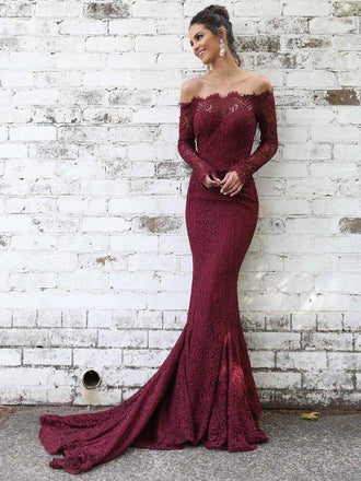 Maroon Long Sleeve Lace Mermaid Off-the-shoulder Prom Dresses, TYP1454