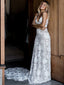 A-Line Spaghetti Straps Court Train Ivory Backless Lace Wedding Dresses, TYP1372