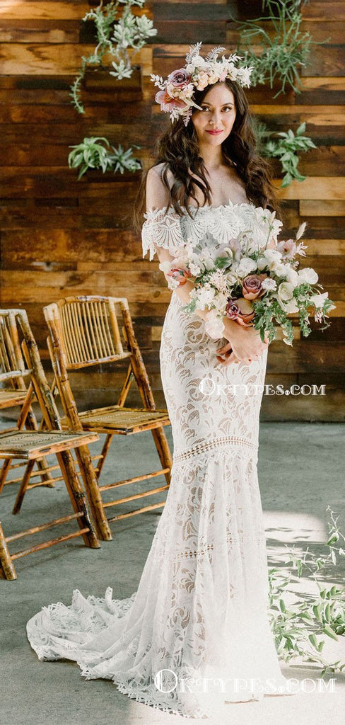 Off-The-Shoulder Ivory Lace Long Mermaid Cheap Wedding Dresses, Cute Wedding Dresses, TYP2065