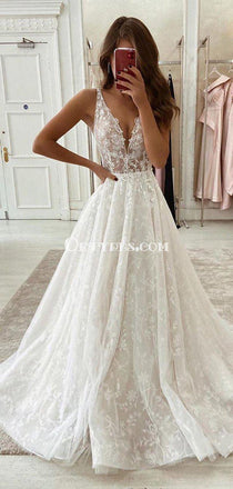 Newest V-neck Pretty Lace Backless A-line Long Cheap Wedding Dresses, WDS0045