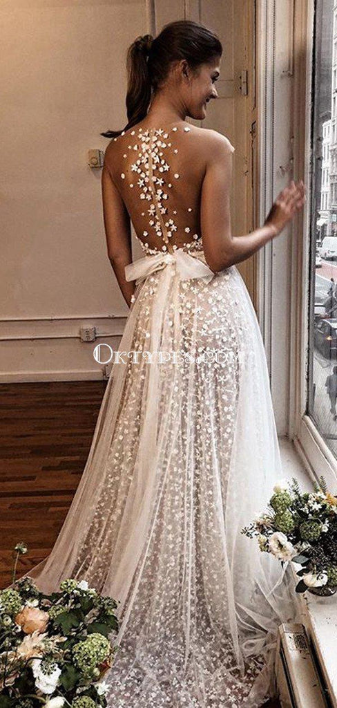 Romantic V-neck Lace A-line Long Cheap Wedding Dresses, WDS0053