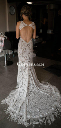 Newest Bateau Backless Lace Mermaid Charming Long Cheap Wedding Dresses, WDS0038