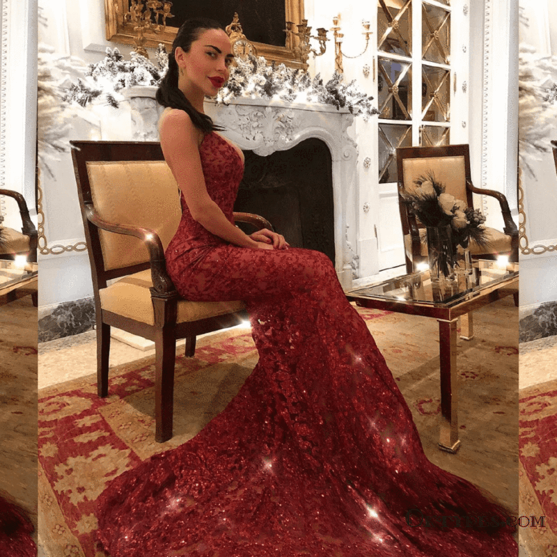 Red Spaghetti Strap Lace Sexy Mermaid Long Cheap Prom Dresses, TYP1785