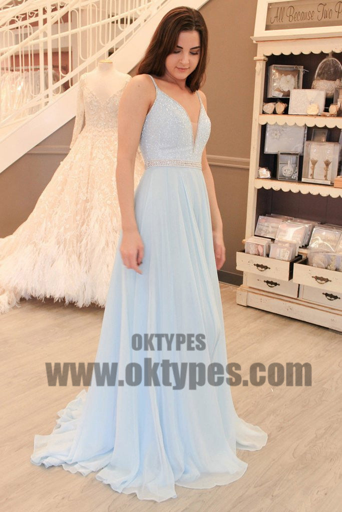 Spaghetti Beaded Light Blue Chiffon Prom Dresses, Formal Dresses, Evening Dresses, TYP0699