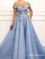 Light blue Off Shoulder A-line Long Prom Dresses With Flower Appliques, TYP1691
