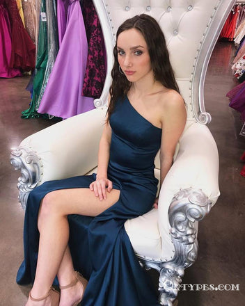 Simple One Shoulder Navy Blue Long Cheap Prom Dresses with Slit, TYP1715