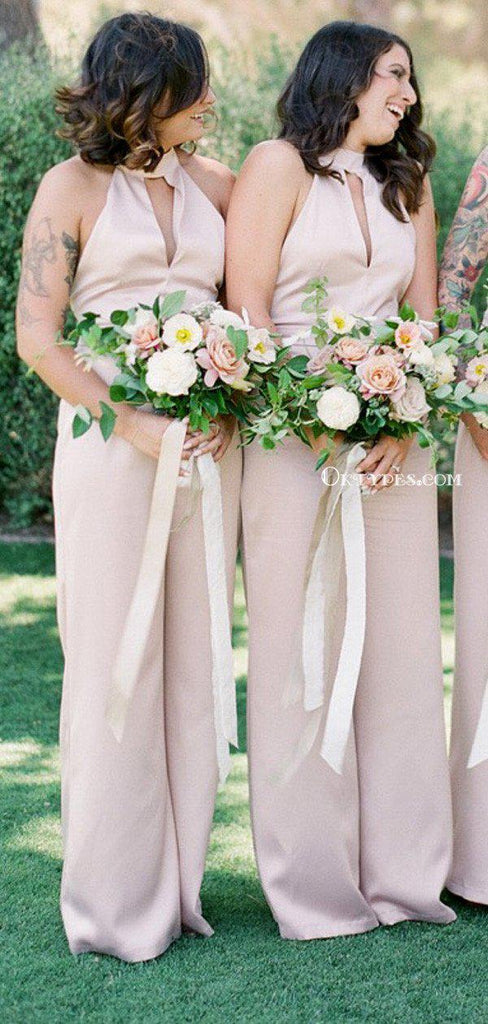 Charming Light Pink Satin Chiffon Halter Jumpsuit Long Cheap Bridesmaid Dresses, BDS0005