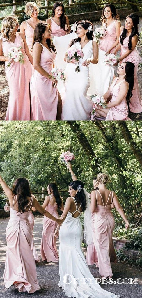 Simple V-Neck Pink Long Cheap Bridesmaid Dresses with Slit, TYP1751
