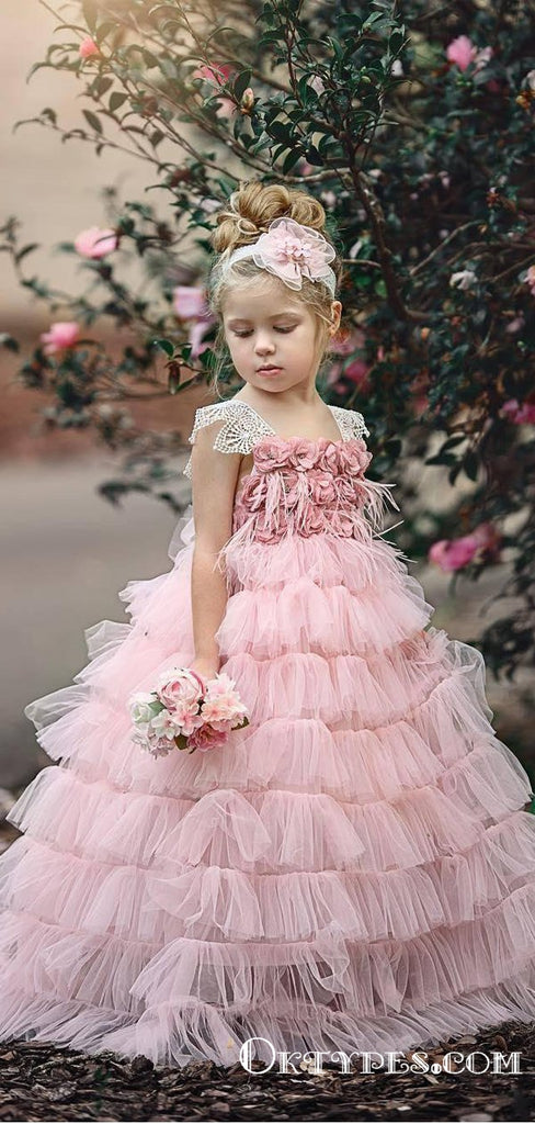 Pink Layers Tulle  2019 Lace Princess Long Ball Gown Flower Girls Dresses, TYP1953