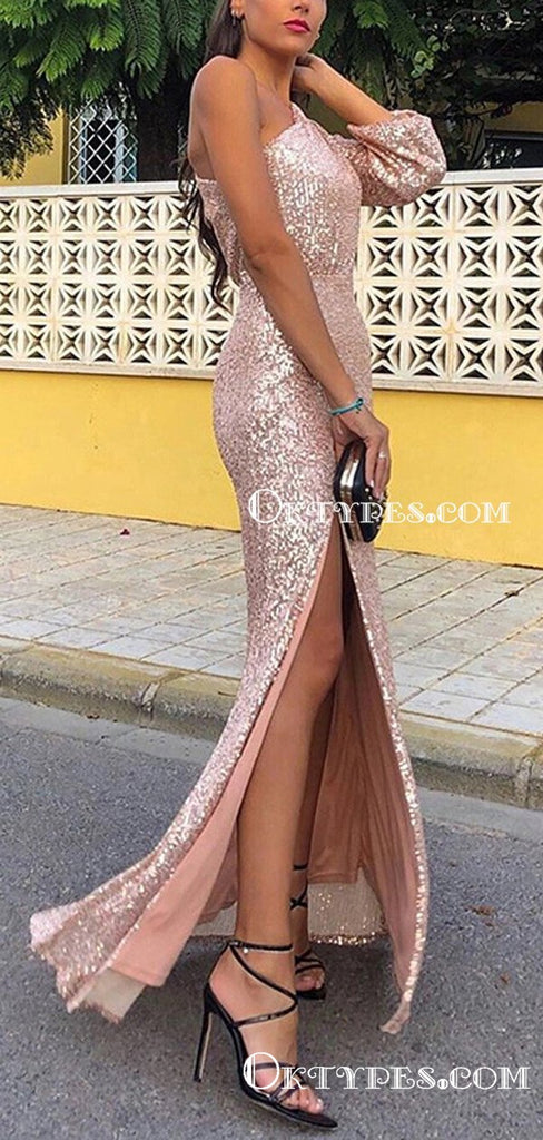 One Shoulder Long Sleeves Sparkly Rose Gold Sequin Long Cheap Side Slit Evening Prom Dresses, TYP2104
