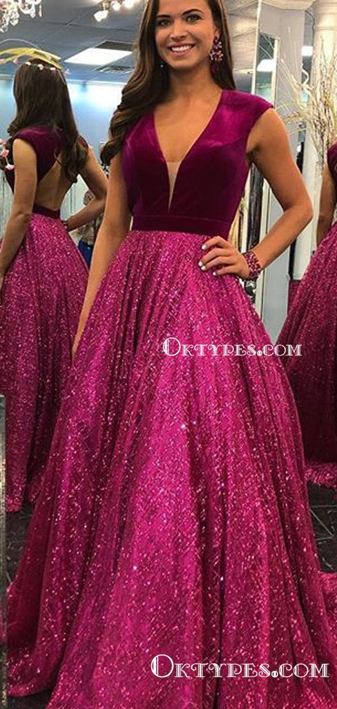 Newest V-neck Sleeveless Ball Gown Open Back Sequin Long Cheap Evening Formal Prom Dresses, PDS0004