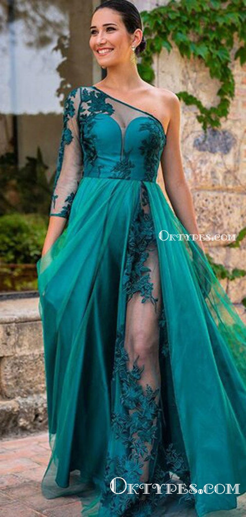 Emerald Green One Shoulder Sexy See Through Lace Appliques Long Sleeve A-line Long Prom Dresses, PDS0050