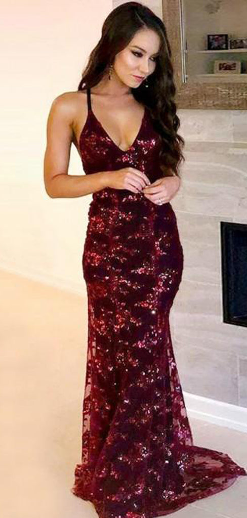 Claret Long Mermaid Prom Dresses, Sequin Prom Dresses, Lace Prom Dresses, Deep V-neck Prom Dresses, Backless Prom Dresses, TYP0277