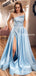 New Arrival Charming Sky Blue Satin Strapless A-Line Split Long Cheap Prom Dresses with Pockets, PDS0035