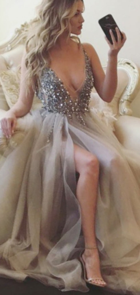 A-Line V-Neck Long Cheap Sleeveless Grey Tulle Prom Dresses with Beading, TYP1295