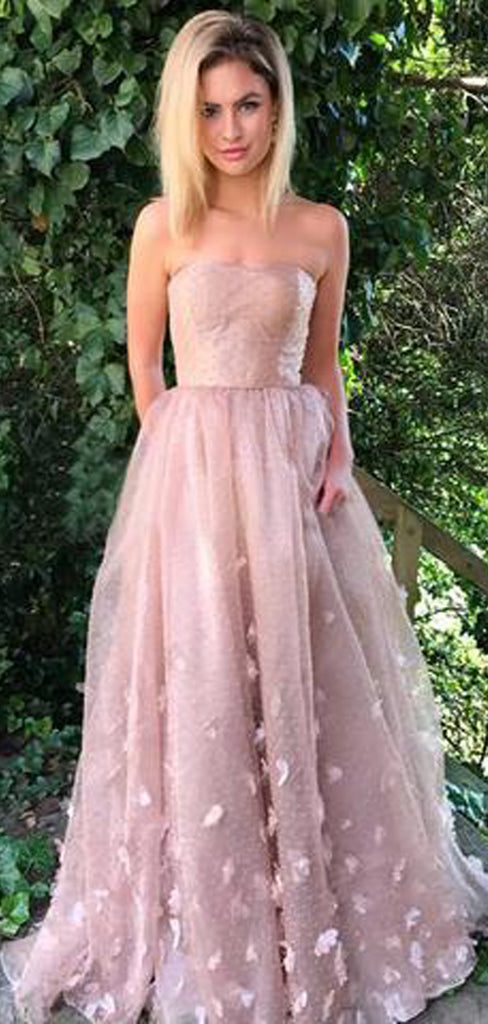 Charming Pink Strapless Tulle Long Cheap Prom Dresses With Applique, TYP1428