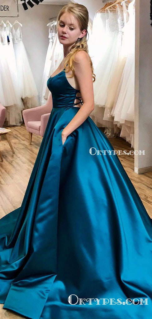 Newest A-Line Chic Scoop Criss Cross Straps Long Simple Long Cheap Satin Prom Dresses with Pockets, PDS0031