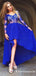 A-Line V-Neck High Low Blue Long Cheap Chiffon Prom Dresses With Applique, TYP1798