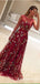 A-Line Crew Long Flower Print Burgundy Tulle Prom Dresses, TYP1812