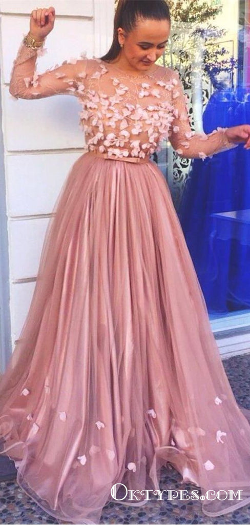 Elegant A-line Long Sleeves Round Neck Long Cheap Prom Dresses With Applique, TYP1813