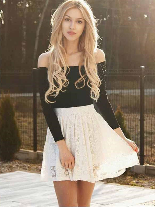 Two Piece Ivory Lace Long Sleeves Homecoming Dresses Online, TYP1183