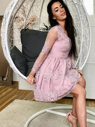 Pink V-neck Long Sleeves Lace Appliques Short Homecoming Dresses Online, TYP1104