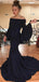 Mermaid Off-the-Shoulder Flare Sleeves Navy Blue Prom Dresses, TYP1440