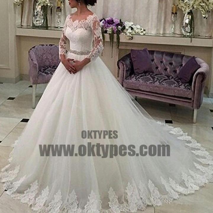 Scoop Neckline Long Sleeve See Through Long A-line Lace Tulle Wedding Party Dresses, TYP0653