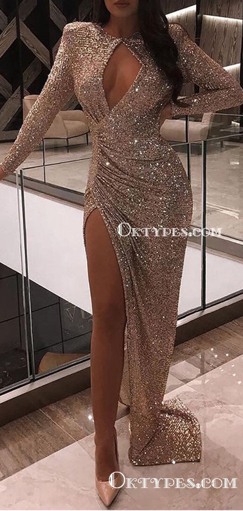 Sparkly High Neck Open Chest Long Sleeves High Side Slit Long Cheap Sequin Prom Dresses, TYP2096