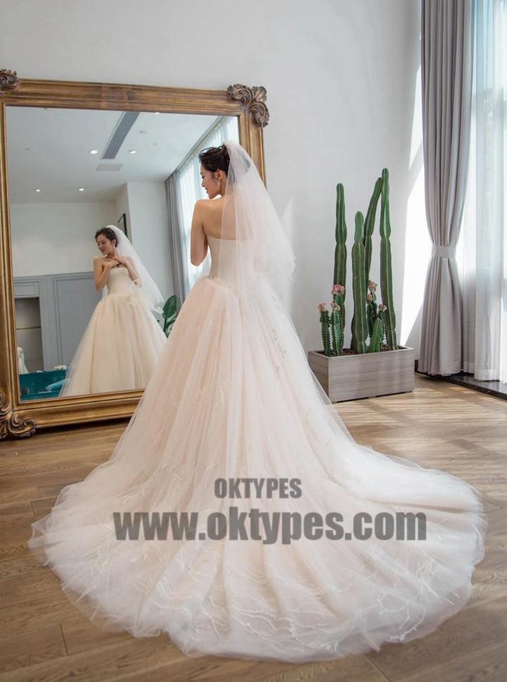 Strapless Simple Tulle A line Long Tail Wedding Dresses, Custom Made Long Wedding Dresses, Cheap Wedding Gowns, TYP0599