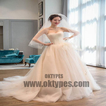 Strapless Simple Tulle A line Long Tail Wedding Dresses, Custom Made Long Wedding Dresses, Cheap Wedding Gowns, TYP0599