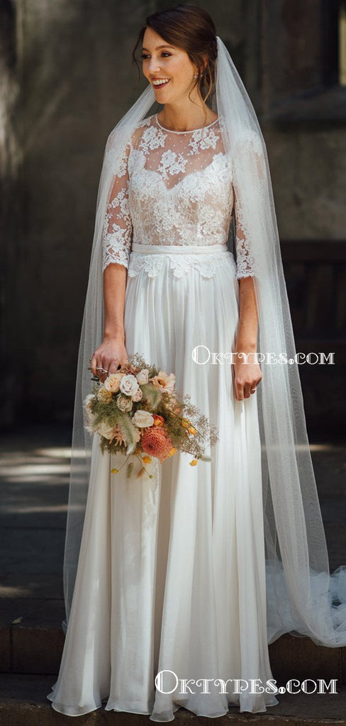 New Arrival Round Neck Half Sleeve A-line Long Chiffon Top Lace Cheap Charming Wedding Dresses, WDS0010