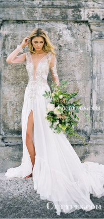 Charming V-neck Illusion Long Sleeves A-line Long Chiffon Lace Appliqued Front Slit Wedding Dresses, WDS0001