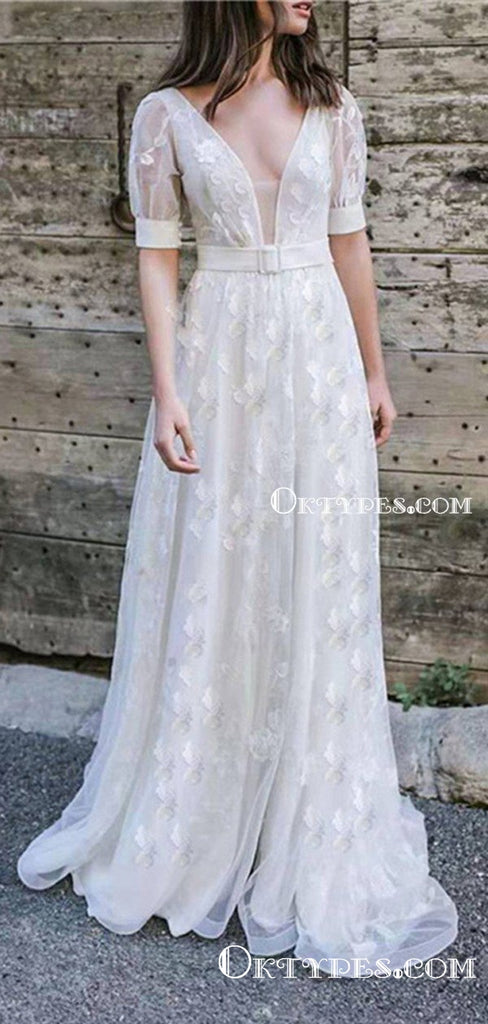 New Arrival Charming Elegant V-neck Short Sleeve Sexy V-back Lace A-line Long Cheap Wedding Dresses, WDS0002