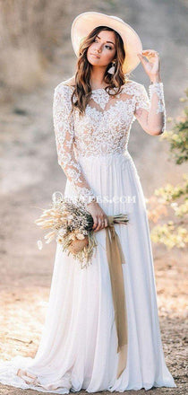 Long Sleeve Illusion Neck Lace A-line Long Cheap Wedding Dresses, WDS0048
