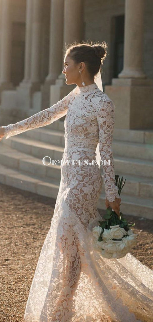 Long Sleeves High Neck Lace Mermaid Long Cheap Wedding Dresses, WDS0067