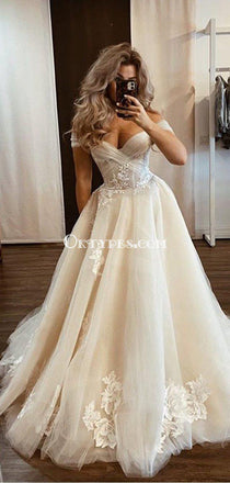 Off-The-Shoulder Tulle Applique A-line Long Cheap Wedding Dresses, WDS0055