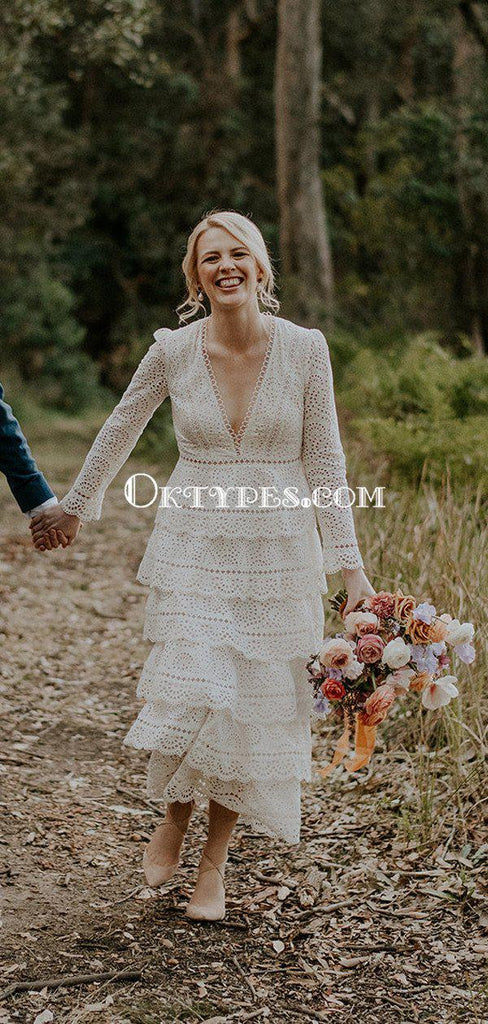 Romantic V-neck Long Sleeves Lace A-line Charming Long Cheap Wedding Dresses, WDS0032
