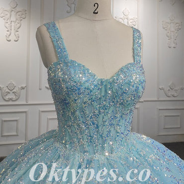 Elegant Tulle And Sequin Lace Spaghetti Straps Lace Up Back A-Line Long Prom Dresses, PDS0951